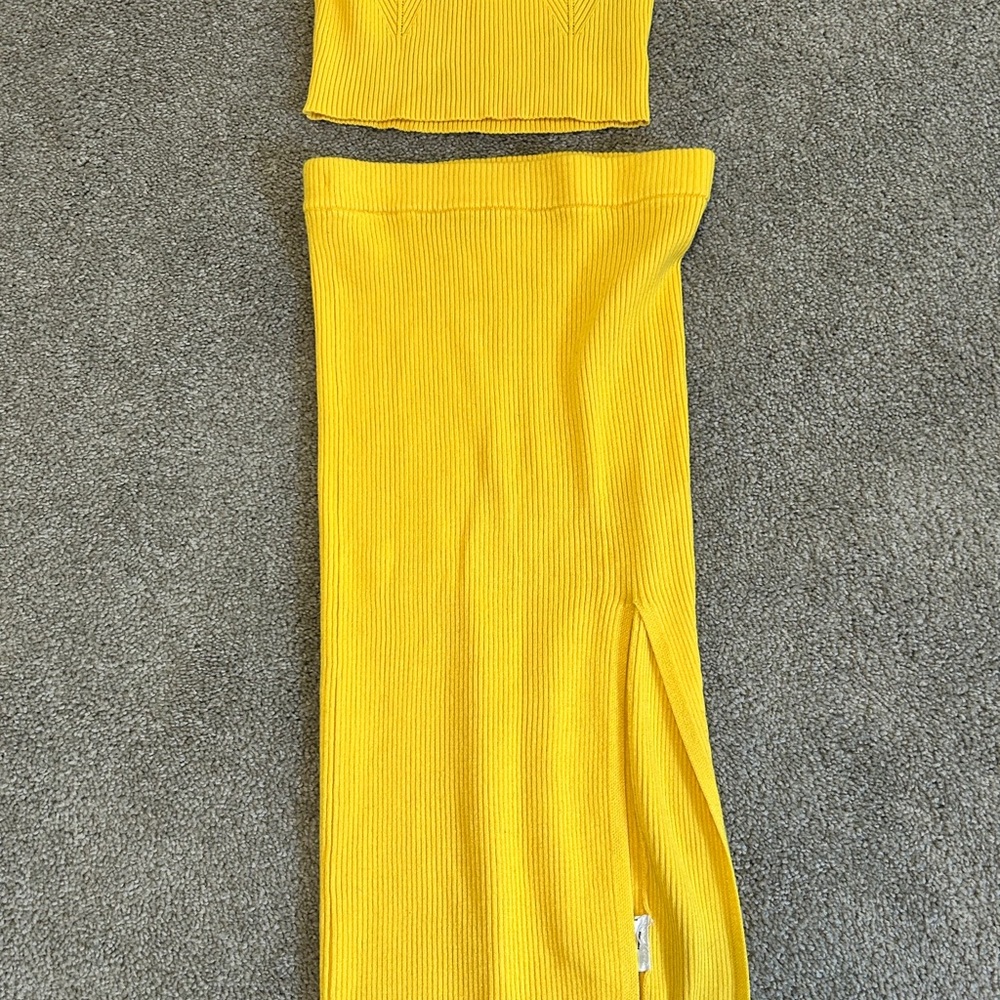 Almost Famous Strapless Ribbed Two-Piece Dress Set in Bright Yellow